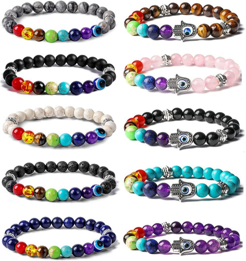 BOMAIL 10Pcs Evil Eye Charm Bracelets-7 Chakras Gemstone Lava Stone Hamsa Hand of Fatima Turkish Evil Eye Lucky Bracelet for Protection and Blessi...