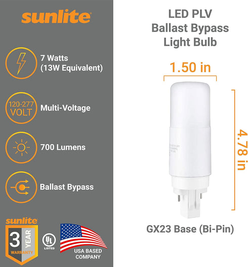 Sunlite GX23 LED Bulb, 2-Pin PLV, 7 Watt, Cool White (4000K), Full 360 Degree Illumination, 13 Watt CFL Replacement (Ballast Bypass Required)...
