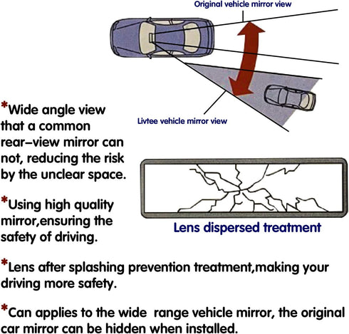 LivTee Anti Glare Rear View Mirror 11.2''(285mm), Wide Angle Panoramic Convex Curve Rearview Mirror Clip on Original Mirror to Eliminate Blind Spo...