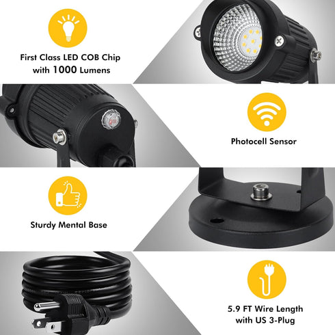 10W Dusk to Dawn Outdoor LED Spotlight Plug in with Photocell Sensor for House Flag Yard Tree, 3000K 1000lm Warm White 120V Landscape Lighting wit...