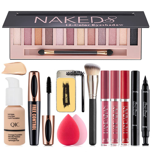 All in One Makeup Kit, 12 Colors Eyeshadow Palette, Nude Foundation, Lipstick Set, Eyebrow Soap, Eyeliner Stamp, Waterproof Mascara, Makeup Brush,...