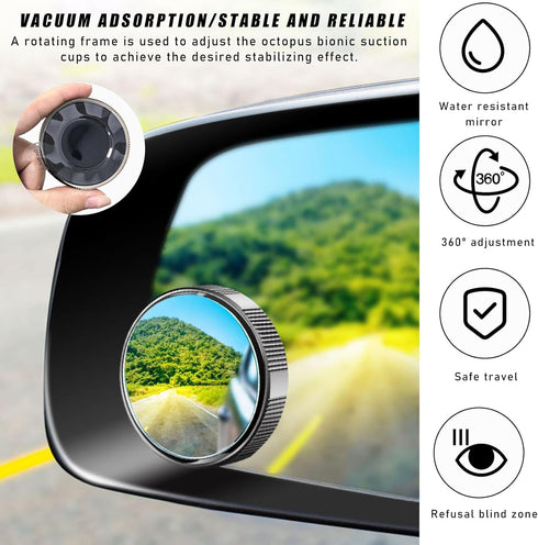 2 PCS Car Blind Spot Side Mirror, 2 Inch Reusable Round HD Blind Spot Mirror with Sucker, Universal 360° Wide Angle Glass Convex Side Rear View Mi...