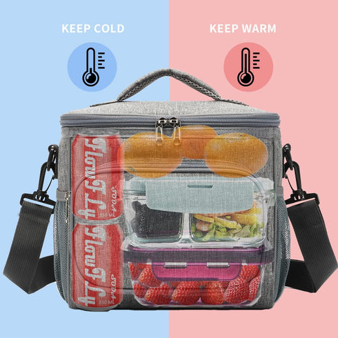 FlowFly Insulated Reusable Lunch Bag Adult Large Lunch Box for Women and Men with Adjustable Shoulder Strap,Front Zipper Pocket and Dual Large Mes...