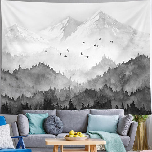 kampdream Mountain Forest Tapestry, Misty Foggy Black and White Tree Landscape Watercolor Art Wall Tapestries, Nature Scenery Tapestry for Bedroom...