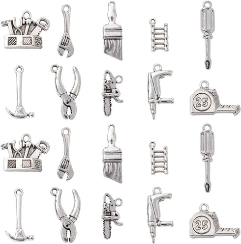 Ipotkitt 50 Pcs 10 Styles Vintage Alloy Construction Tool Charms Antique Silver Screwdriver Pliers Wrench Hammer Charms for Jewelry and Craft Maki...