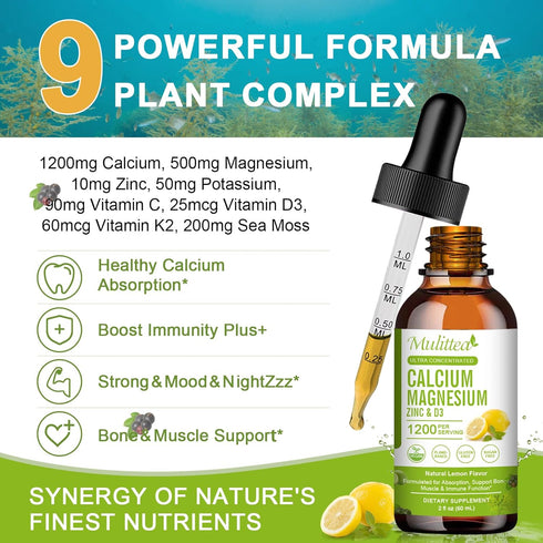 Calcium Magnesium Zinc with Magnesium Glycinate 500mg Plus Vitamin C D3 K2 | 2 Month Supply | Calcium Supplement Calcium with Vitamin D3 K2 Liquid...