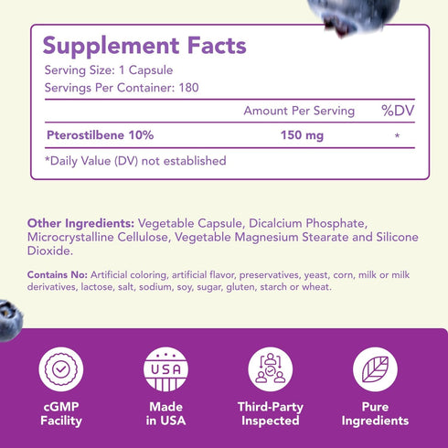 150mg Pterostilbene Supplement - Once Daily Antioxidant Supplement for Healthy Aging Immune Heart Skin and Brain Support - Naturally Derived Non-G...