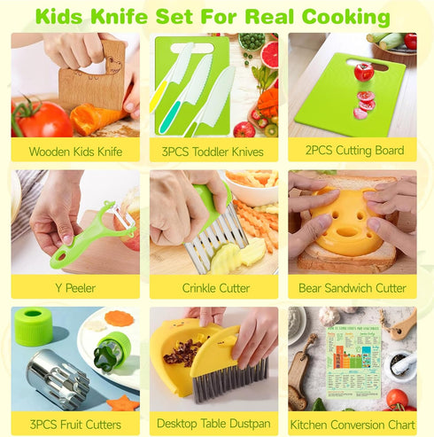 Suhctuptx Kids Knife Set For Real Cooking, Kids Kitchen Knives with Cutting Board Crinkle Cutters Food Conversion Chart & Cleaning Tools, Christma...