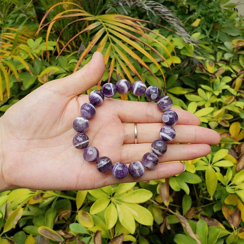 chengmu 12mm Banded Amethyst Stretch Bracelet Natural Round Beads Semi Gemstone for Crystal Elastic Beaded Bracelet 8"...