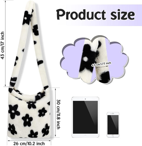 Weewooday Fluffy Shoulder Bag Ladies Plush Underarm Bag Tote Bag White Women Y2K Furry Purse Handbag for Autumn and Winter (Flower, 10.2 x 11.8 In...