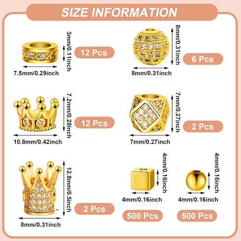 1034 Pieces King Crown Charm Rhinestone Bead Round Ball Zircon Bead Hexagon Big Hole Spacer Bead Diamond Cutting Cube Bead for DIY Chain Bracelet ...