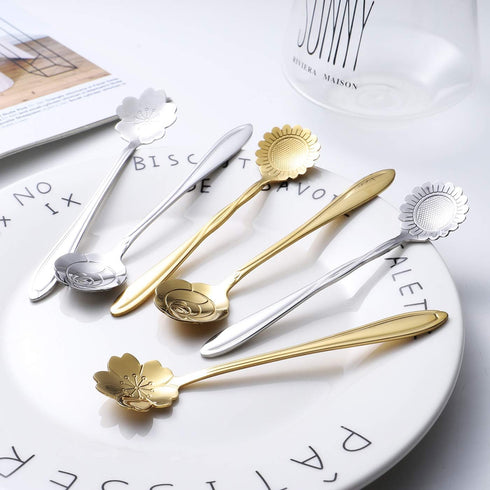 Flower Spoons 12-Pack 18/0 Stainless Steel Creative Cute Tableware include Rose Sunflower Sakura Mini Teaspoon Dessert Spoons by IRONX(Flower12)...