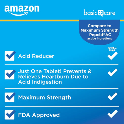Amazon Basic Care Maximum Strength Famotidine Tablets 20 mg, Acid Reducer for Heartburn Relief, 25 Count...