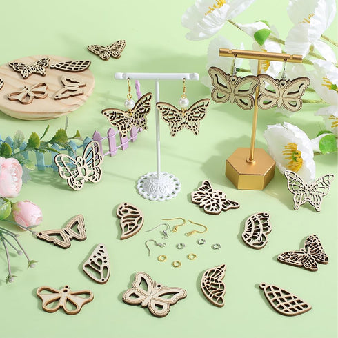 SUNNYCLUE 1 Box 24 Sets Butterfly Wing Earrings Making Kit Bohemian Wooden Wing Charm Butterfly Charms Unfinished Natural Wood Filigree Charms for...
