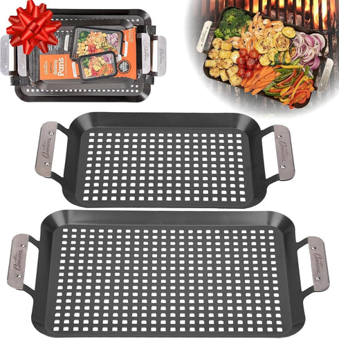Camerons BBQ Grill Topper Grilling Pans (Set of 2)- Non-Stick Barbecue Trays w Stainless Steel Handles - Indoor Outdoor use for Barbecue & Smoked ...