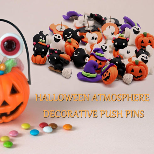 Halloween Push Pins,32 Pcs Decorative Push Pins for Bulletin Board Cute Push Pins Pumpkin Ghost Black Cat Witch Hat Thumb Tacks for Wall Photo Map...