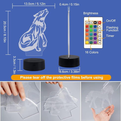 FULLOSUN Wolf Gifts, 3D Night Light for Kids Optical Illusion Lamp Co-Sleeping,Remote Controller with 16 Color Changing Birthday Gifts & for Kids,...