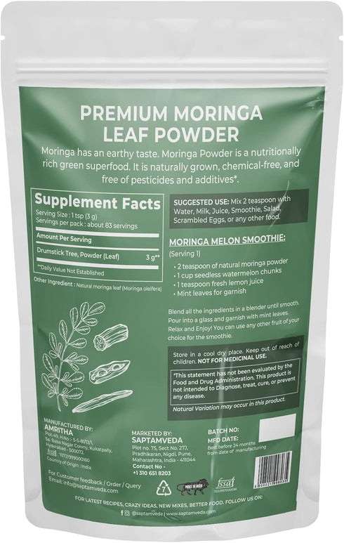 Premium Moringa Leaf Powder 8.81 Oz/250 Gm | Drumstick Leaf Powder | Natural Multi-Vitamin | Rich in Anti-Oxidant, Immunity Booster | Good for Hai...