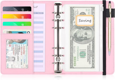 A6 Budget Binder with Cash Envelopes, PU Leather Refillable Notebook Binder, Loose Leaf Organizer Binder Cover, Money Organizer for Cash with Elas...