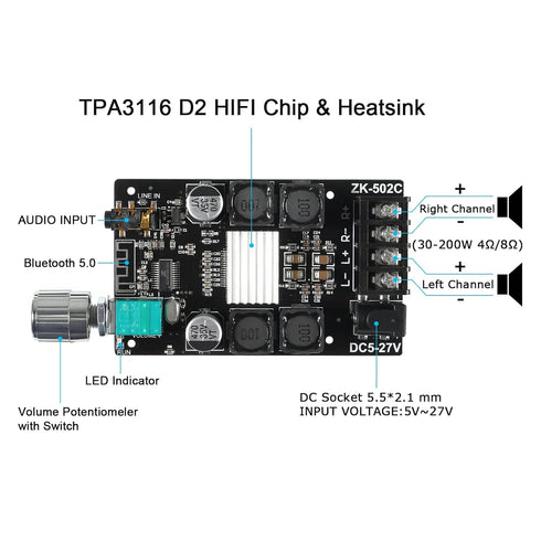 ZK-502C Bluetooth 5.0 Amplifier Board,100w Audio Amp Board Dual Channel DC8-24V, Password Free Connect to Phone Quietly for Home Passive Speakers ...
