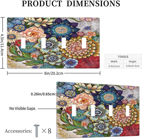 Boho Floral Bright 4 Gang Light Switch Cover Quad Toggle Wall Plate Decorative Electrical Faceplate Standard Size for Bathrooms Bedroom Kitchen Ho...