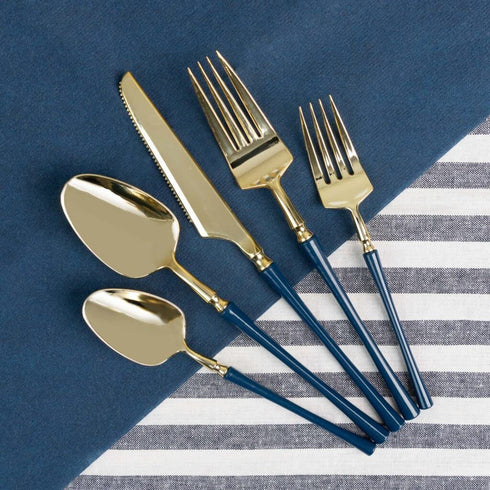 Blue Sky Infinity Flatware Gold & Navy Blue Soup Spoons - 20 Count | Luxurious Disposable Plastic Cutlery for Parties and Events...