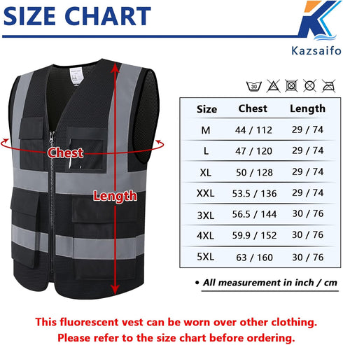 Reflective Safety Vest for Men Women with 8 Pockets and Zipper High Visibility Mesh Construction Work Vest Meets ANSI/ISEA Standards (KZ170-Black,...