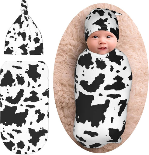 Cow Print Newborn Swaddle Blanket with Hat Set Baby Stuff Receiving Blankets Soft Transition Sleep Sacks Gifts for Infant Boys Girls...