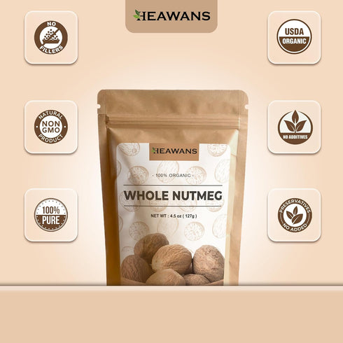 Heawans Organic Whole Nutmeg 4.5 oz, Premium Grade, Packed in a stand up resealable pouch....