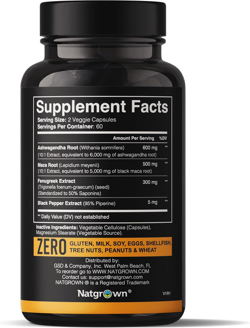 Natgrown Ashwagandha Maca Root Fenugreek Extract Capsules Supplement for Men & Women - Vegan Pills - (120 Count)...