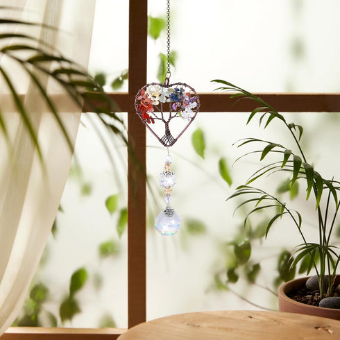 Crystal Sun Catcher for Window, Tree of Life Sun Catchers Decor with Prisms Hanging Suncatcher with Crystal Heart Shaped Hanging Ornament Chakra S...