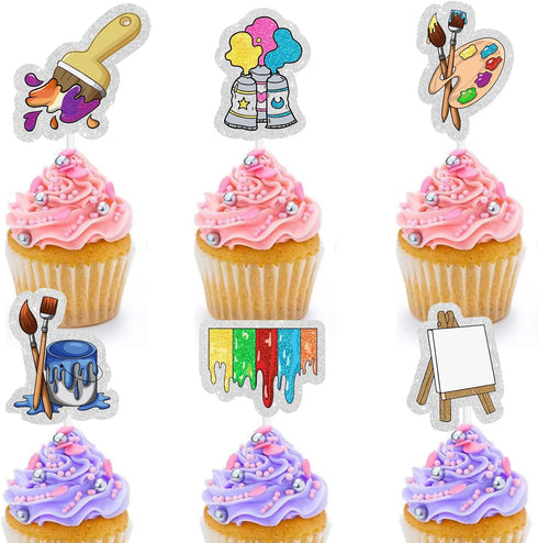 Slime Cupcake Toppers 18 pcs - Painting Themed Art Happy Birthday Decor Artist Palette Paint Brush boy Girl Party Supplies...