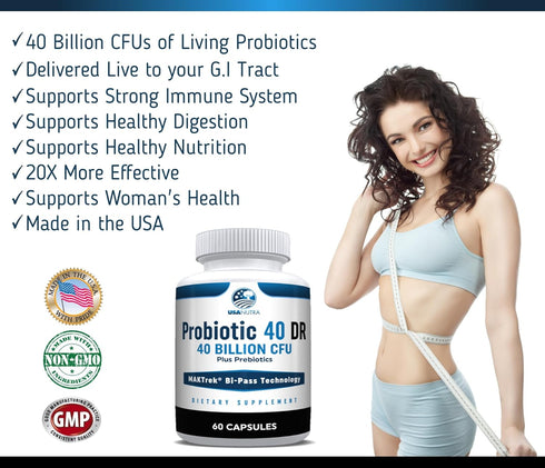 Probiotics for Women and Men 40 billion CFUs Living Probiotics 20x more effective wth Maktrek...