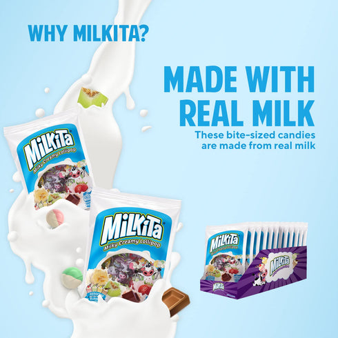 Milkita Creamy Shake Lollipop Bag, Gluten Free Chewy Candies with Calcium & Real Milk, Low-Sugar, Assorted Flavors (Strawberry, Chocolate, Honeyde...