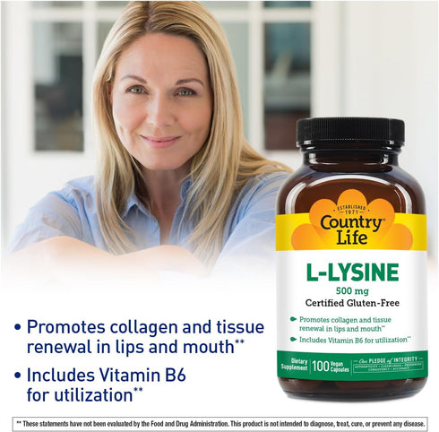 Country Life L-Lysine 500mg with B-6, Supports Immune Health, Promotes Collagen Renewal in Lips and Mouth, 100 Vegan Capsules, Certified Gluten Fr...