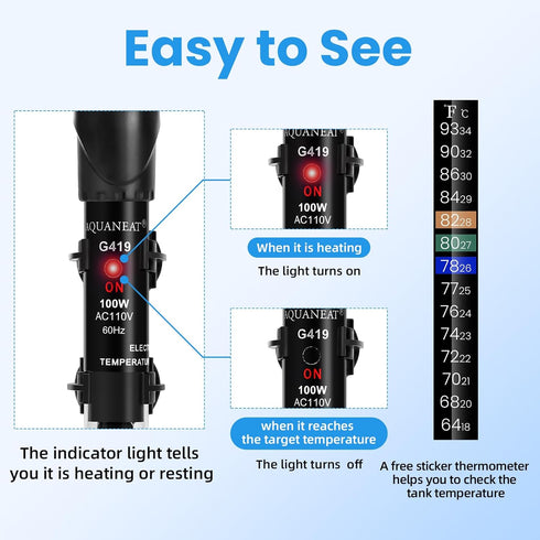 AQUANEAT Aquarium Heater, 100W Fish Tank Heater, Adjustable Submersible Water Thermostat with Thermometer...