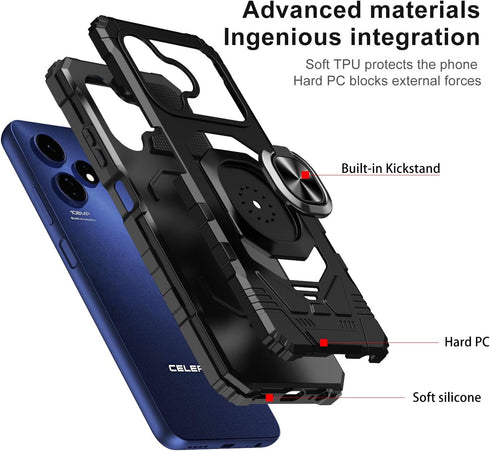 TJS Compatible for Boost Mobile Celero 5G + Plus 2024 (3rd Version) Case, with Tempered Glass Screen Protector, Metal Ring Kickstand Heavy Duty Ce...