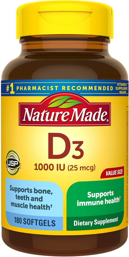 Nature Made Vitamin D3 1000 IU (25 mcg), Dietary Supplement for Bone, Teeth, Muscle and Immune Health Support, 180 Softgels, 180 Day Supply...