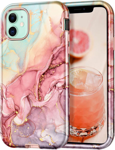 CASEFIV Compatible with iPhone 11 Case,Marble Pattern 3 in 1 Heavy Duty Shockproof Full Body Rugged Hard PC+Soft Silicone Drop Protective Women Gi...