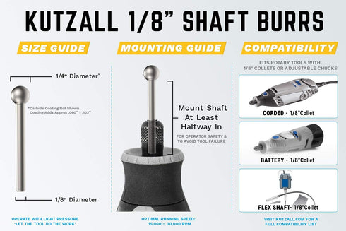 Kutzall Original Sphere Rotary Burr, 1?8" Shaft, Fine - Woodworking Attachment for Dremel, Foredom, DeWalt, Milwaukee Tools. Abrasive Tungsten Car...