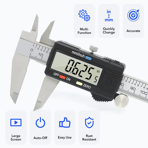 Digital Caliper Precise Measuring Tool, Vizbrite 6 inch Stainless Steel Electronic Vernier Calipers with Auto-Off Large LCD Screen, Accurate to ±0...