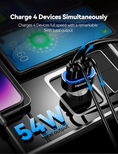 TECKNET USB Car Charger 54W 4-Port Car Phone Charger Adapter QC 3.0 Port Cigarette Lighter Charger Fast Charging Adapter Compatible with iPhone 15...