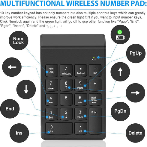 Bluetooth Number Pad Wireless Numeric Keypad 10 Key Numpad Compatible with Laptops MacBook, ChromeBook, ThinkBook, MateBook, Inspiron Computer Des...