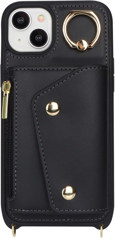 for iPhone 14 Case with Card Holder and Strap - Zipper Pocket,Crossbody Lanyard Strap,Credit Card Holder,Stand Ring,Cute Phone Wallet Case for Wom...