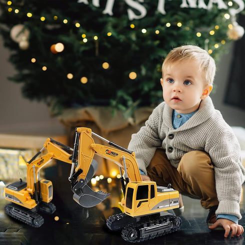 Remote Control Excavator Toy, RC Construction - Metal Shovel Digger Vehicles with Lights Sounds and 360° Rotation Digging Sand, Christmas Birthday...
