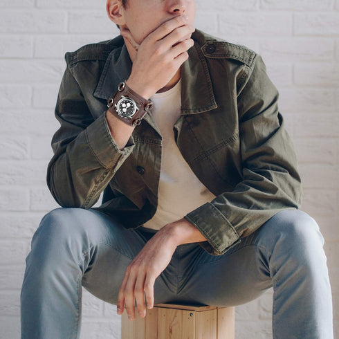 JewelryWe Black Brown Hip-hop Gothic Punk Style Men Watch Wide Leather Fashion Cuff Wristwatch...