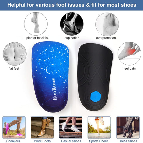 RooRuns Plantar Fasciitis 3/4 Length Insoles for Men Women, High Arch Support Orthotic Shoe Inserts for Work Boots, Flat Feet, Over-Pronation, Sup...