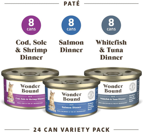 Amazon Brand - Wonder Bound Wet Cat Food, Pate, No Added Grain, Variety Pack (Cod, Sole & Shrimp, Salmon, White Fish & Tuna), 3 ounce (Pack of 24)...