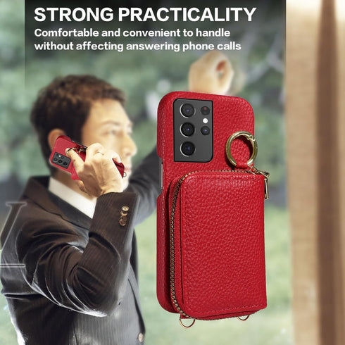 Furiet Wallet Case for Samsung Galaxy S21 Ultra 5G with Shoulder Strap Ring Buckle, Luxury PU Leather Zipper Flip Organ Purse, Card Holder Stand C...