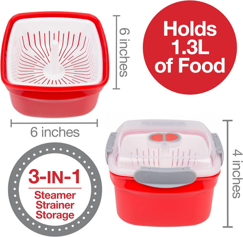 Microwave Cookware Steamer- 3 Piece Microwave Cooker w Food Container, Removable Strainer and Locking Steam Vent Lid- BPA Free, Fridge and Freezer...